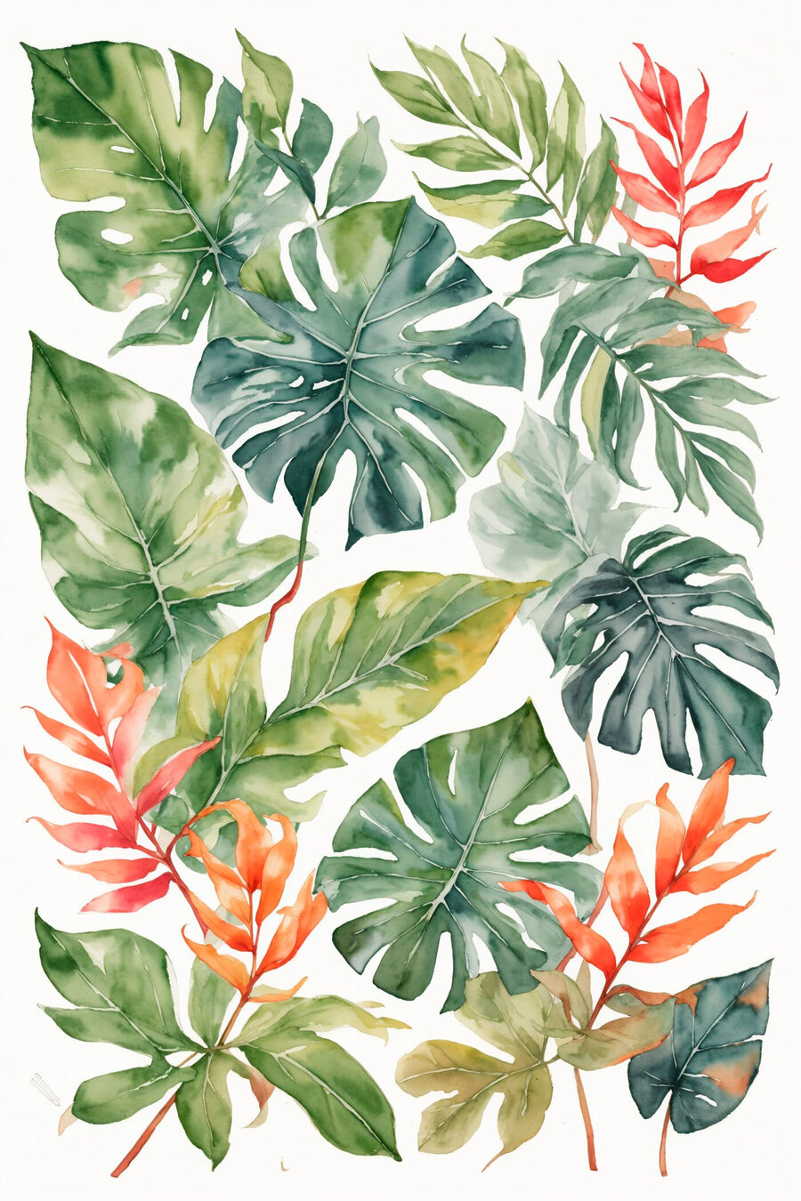 Branches tropicales sur blanc — motif complet