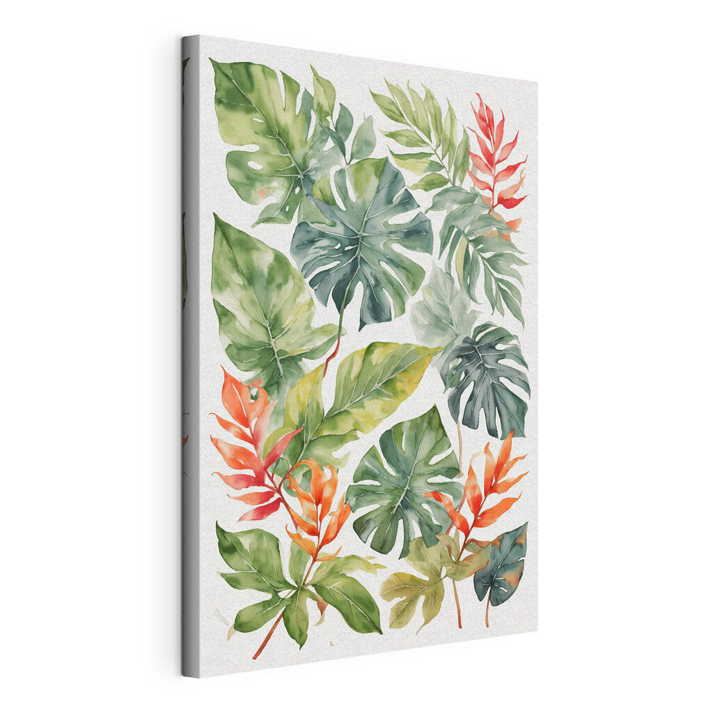 Branches tropicales sur blanc, toile tendue et bord enveloppé