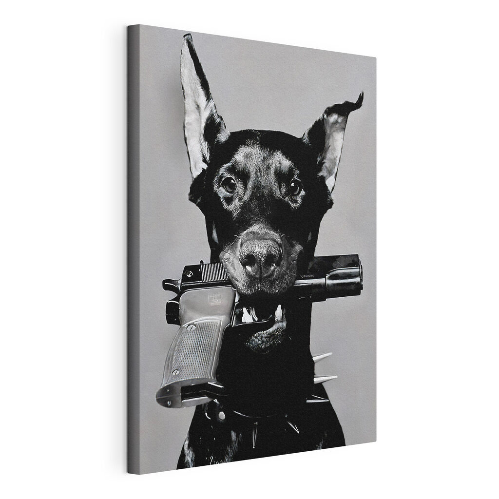 Chien au pistolet, toile tendue et bord enveloppé