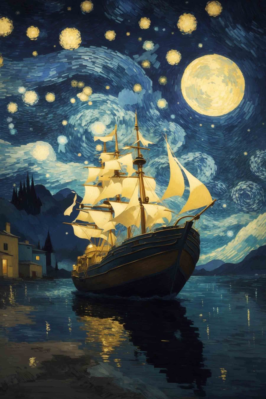 Voilier sous la lune — motif complet