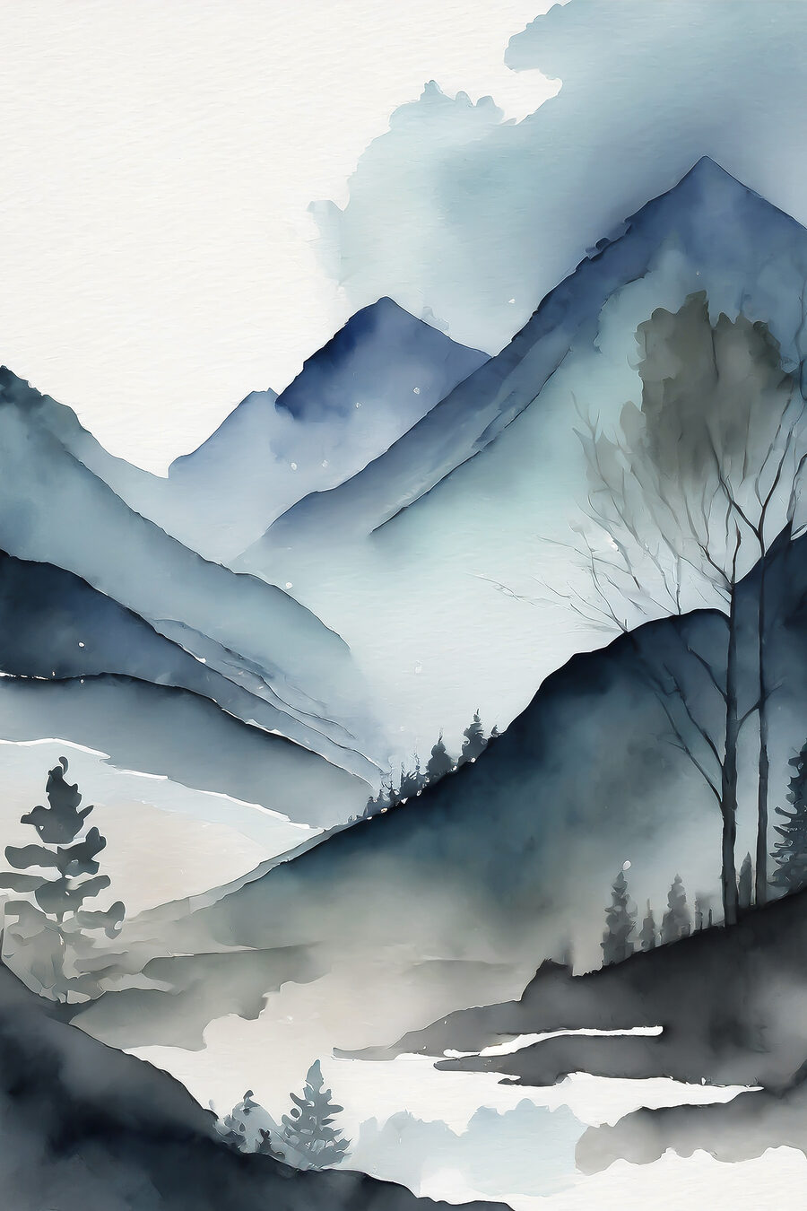 Montagnes brumeuses à l’aquarelle — motif complet