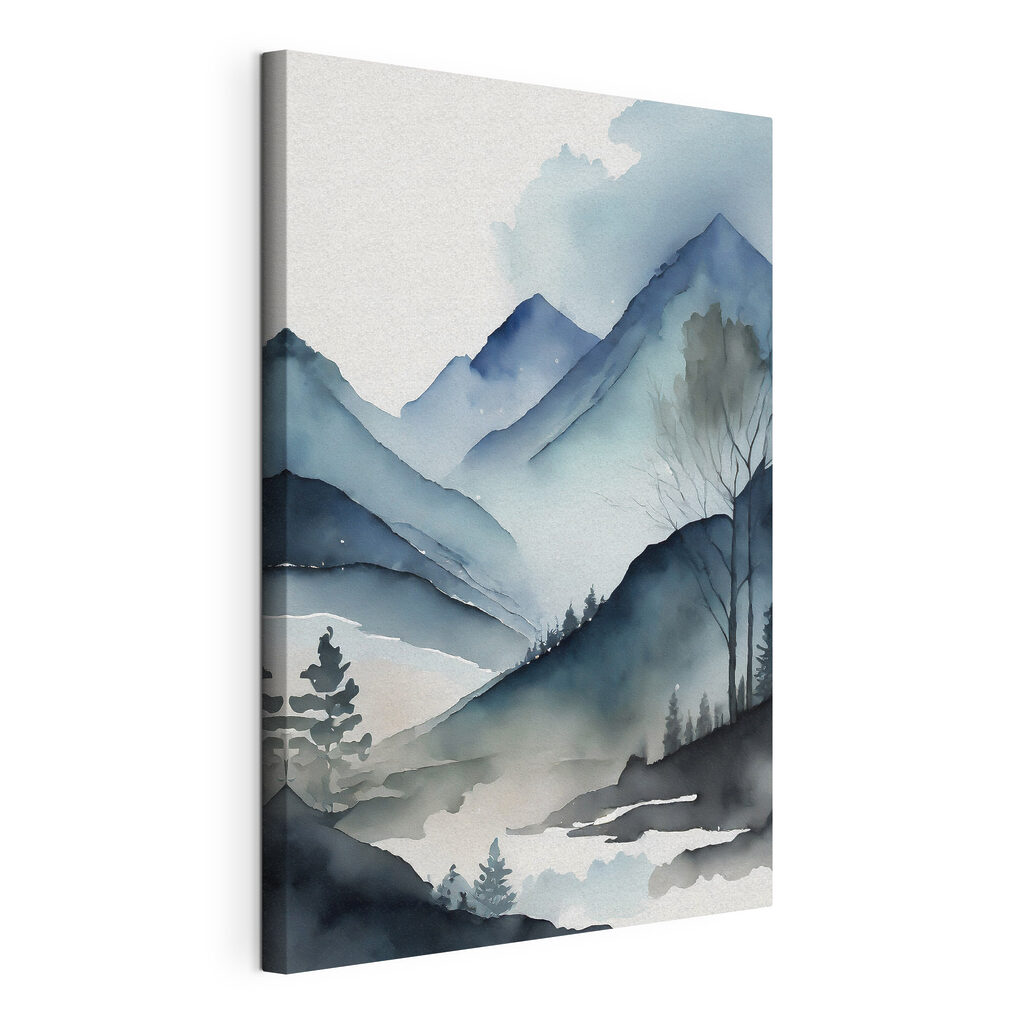 Montagnes brumeuses à l’aquarelle, toile tendue et bord enveloppé