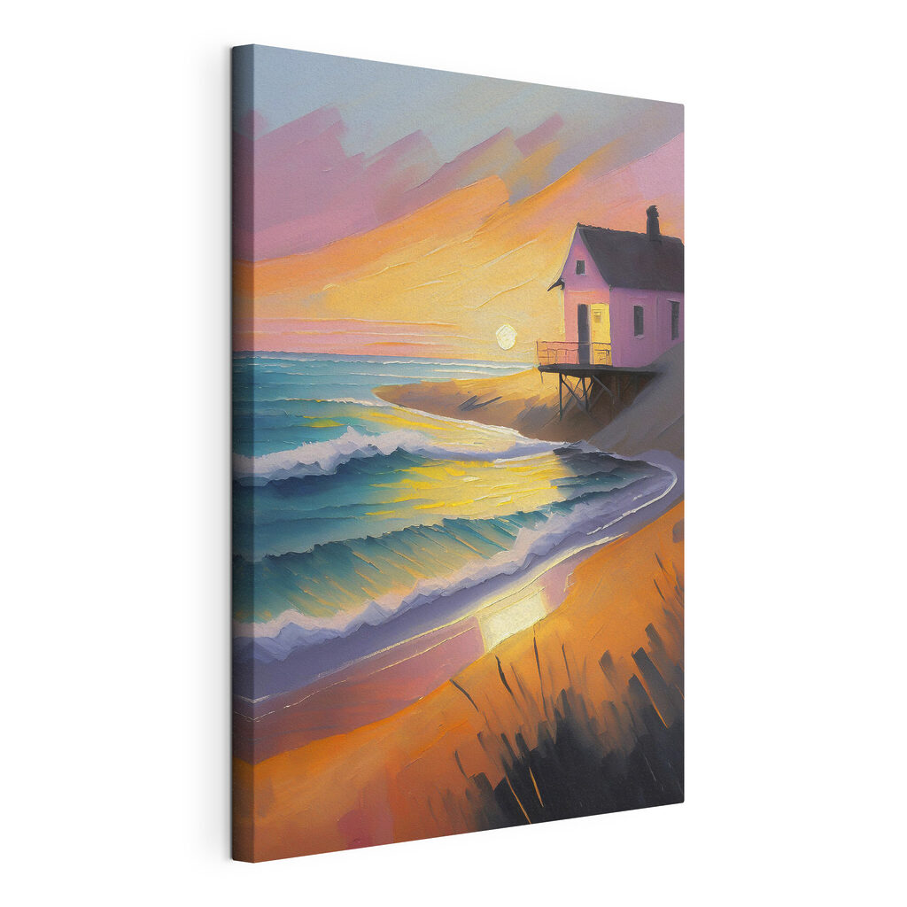 Maison sur la plage, toile tendue et bord enveloppé