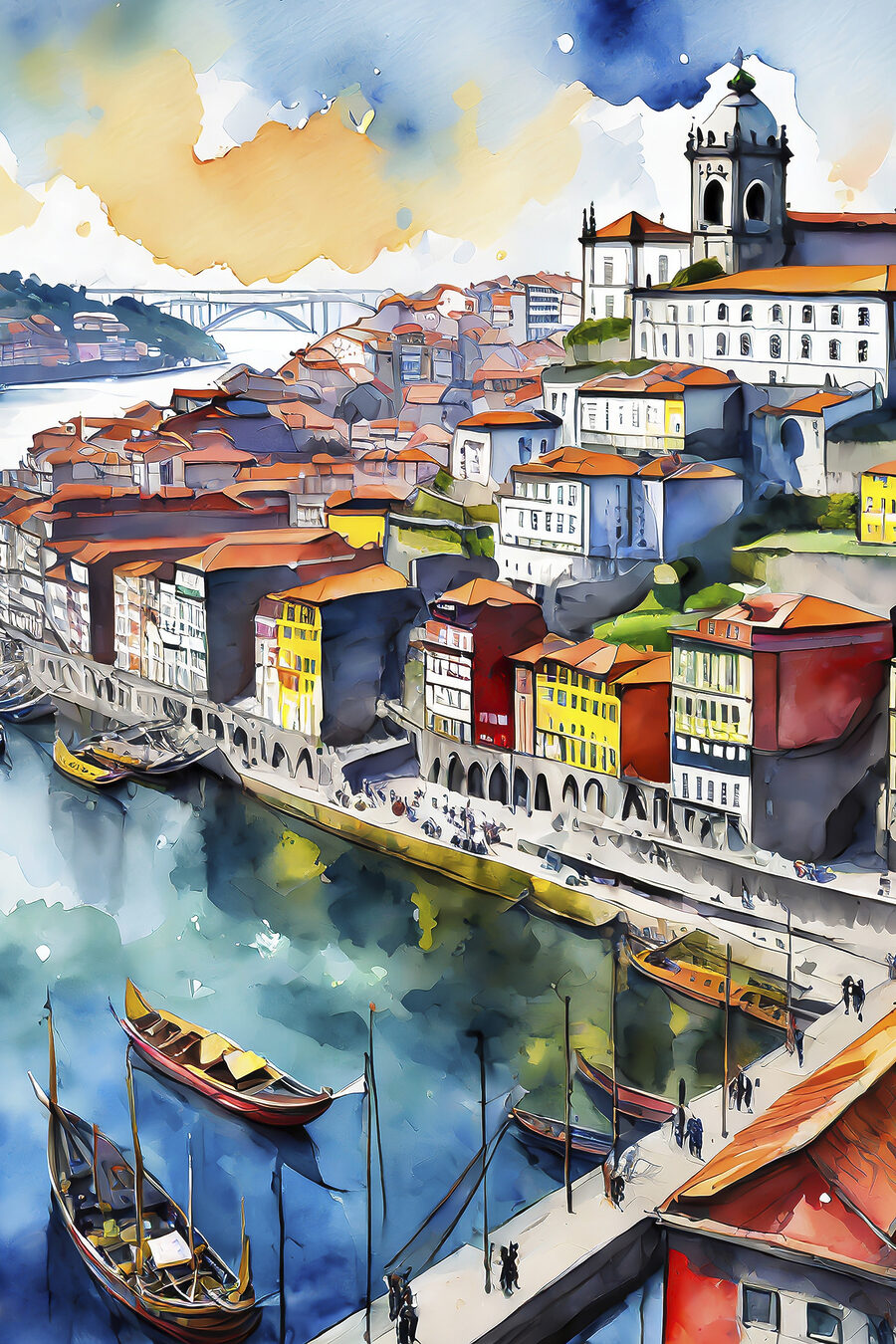 Ville fluviale à l’aquarelle — motif complet