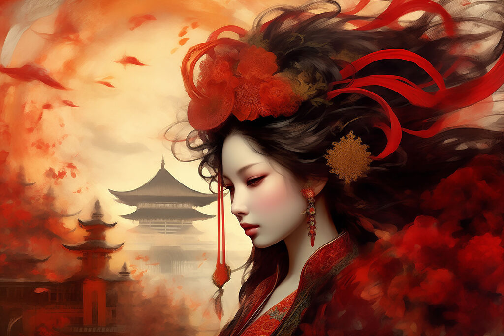 Femme aux fleurs rouges — motif complet
