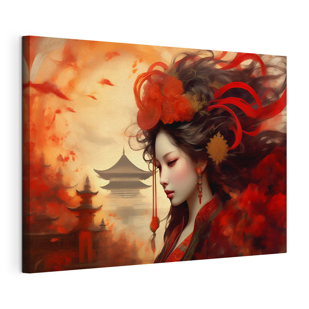 Femme aux fleurs rouges, toile tendue et bord enveloppé