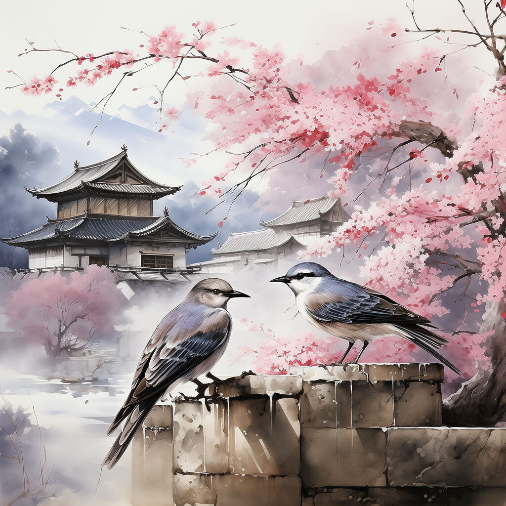 Oiseaux près du temple — motif complet