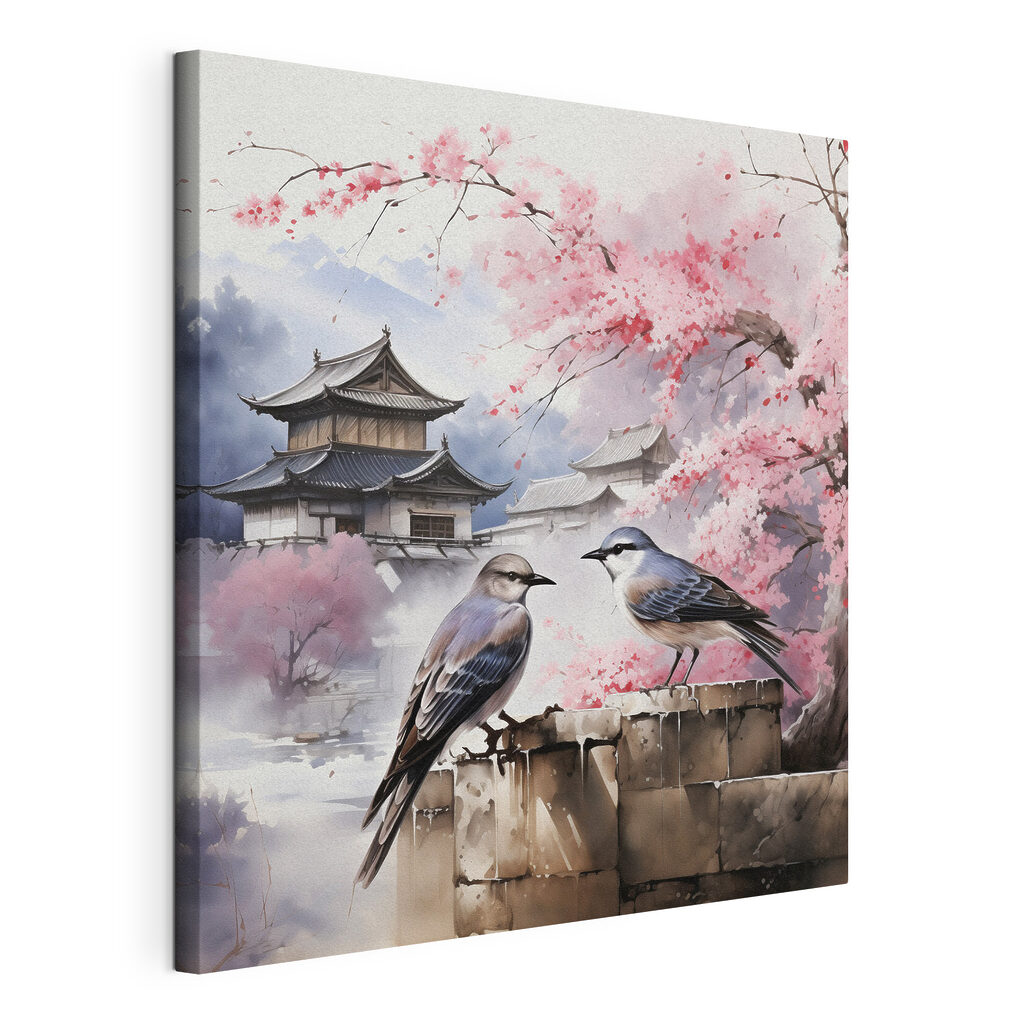 Oiseaux près du temple, toile tendue et bord enveloppé