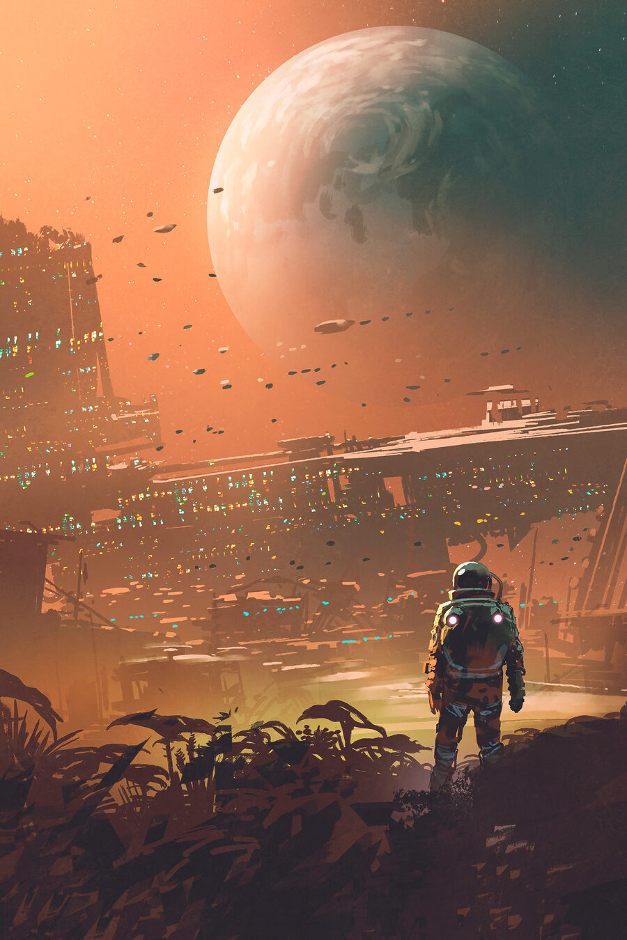 Astronaute sous la planète — motif complet