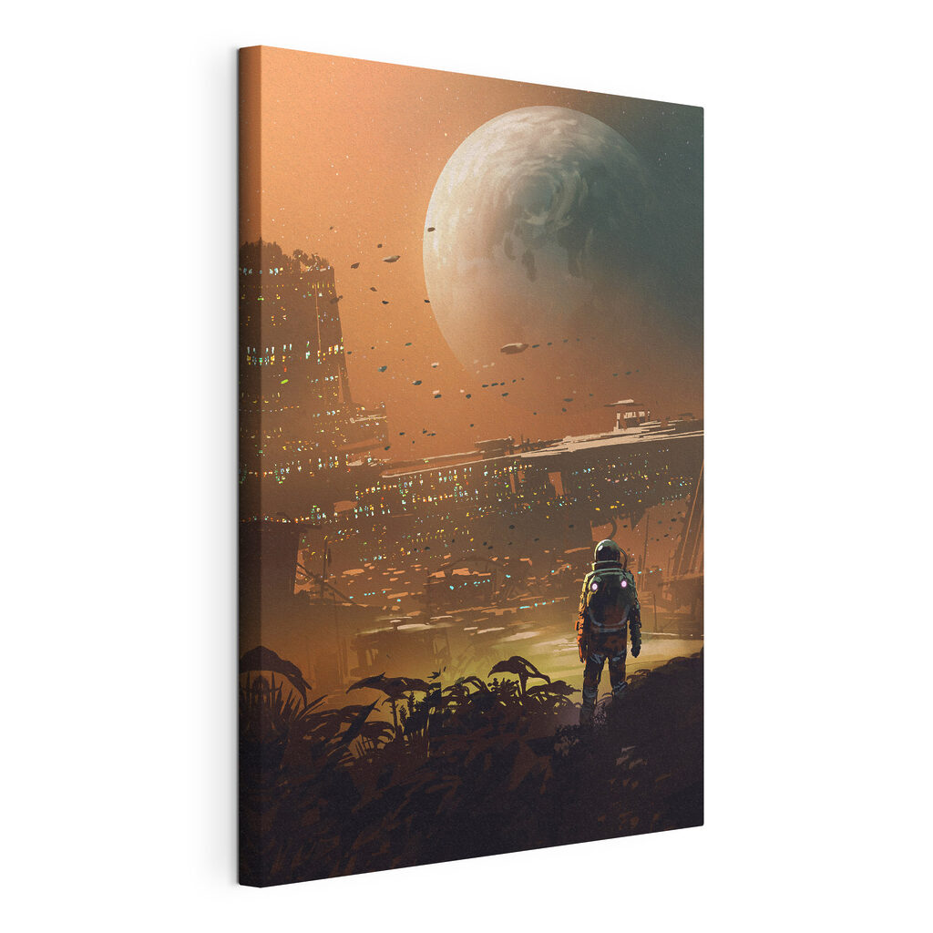 Astronaute sous la planète, toile tendue et bord enveloppé