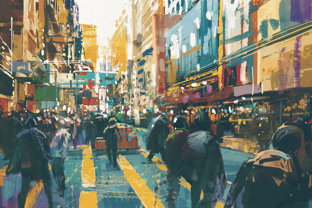 Rue commerçante animée — motif complet