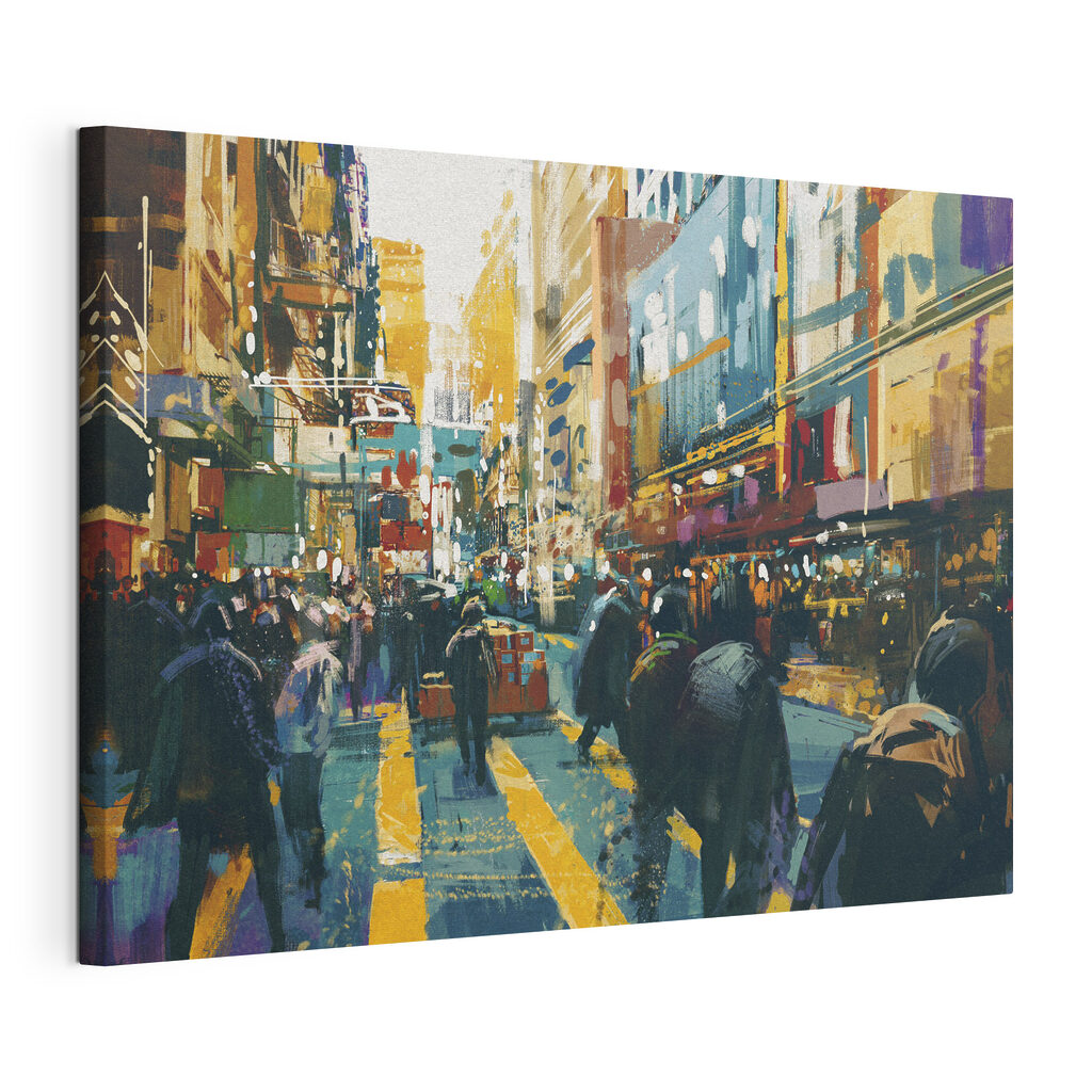 Rue commerçante animée, toile tendue et bord enveloppé