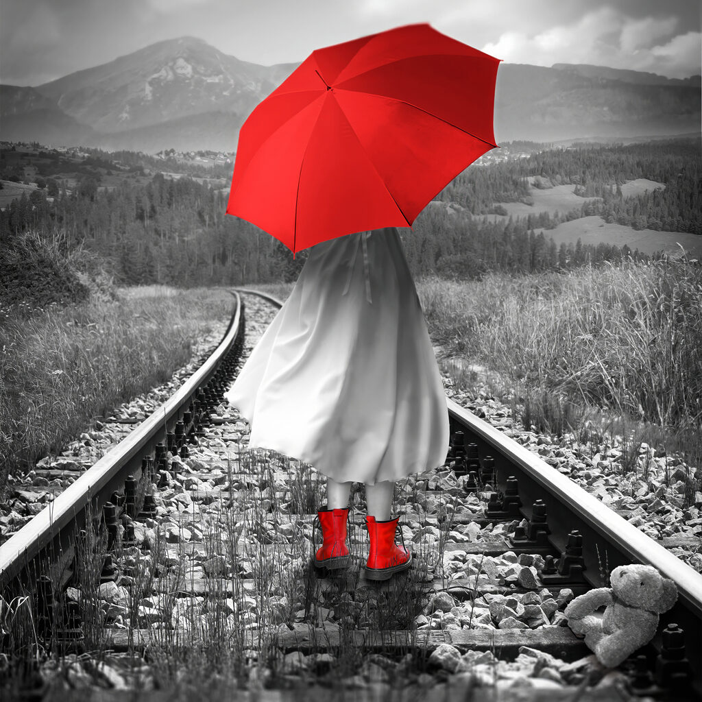 Parapluie rouge sur rails — motif complet