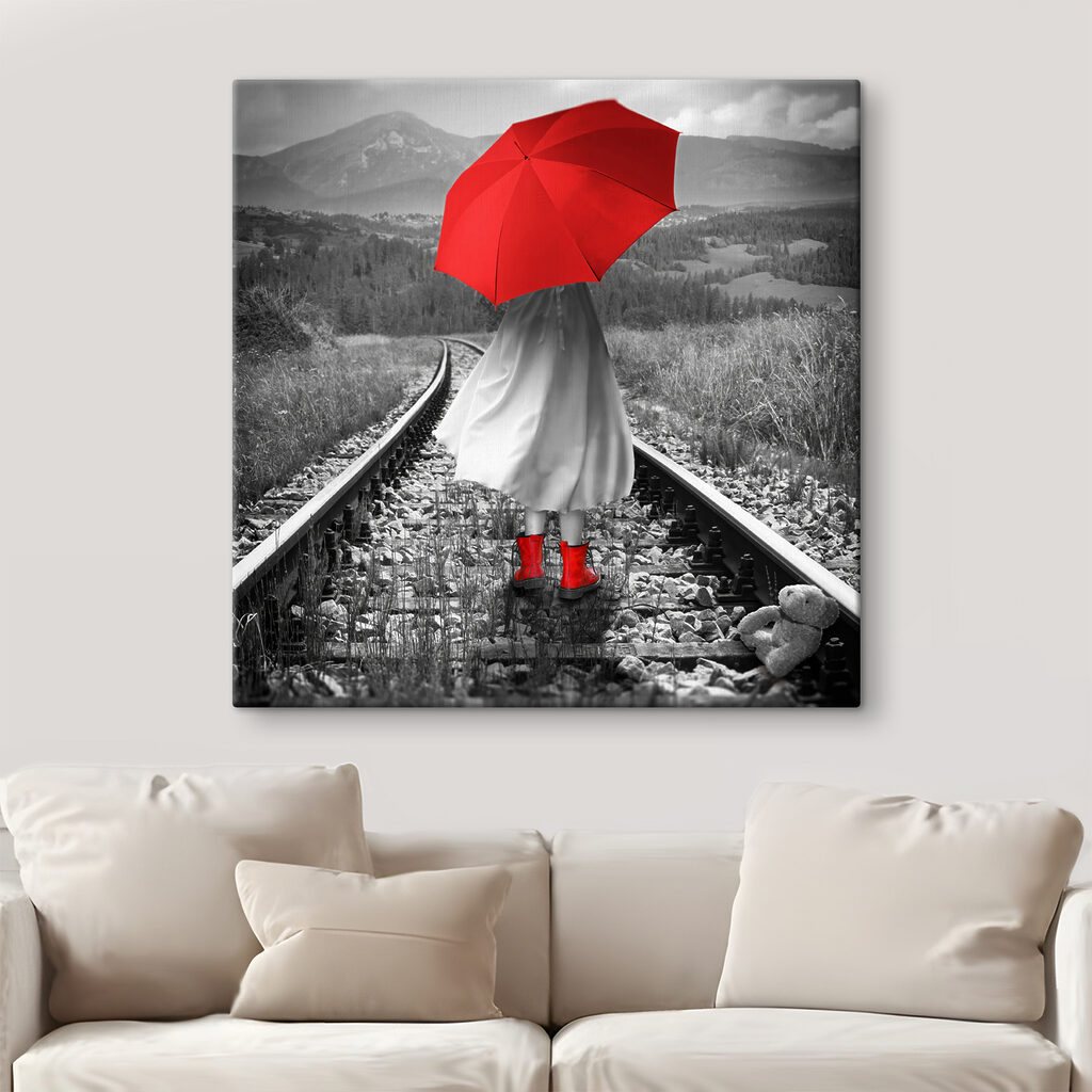 Parapluie rouge sur rails — intérieur 1