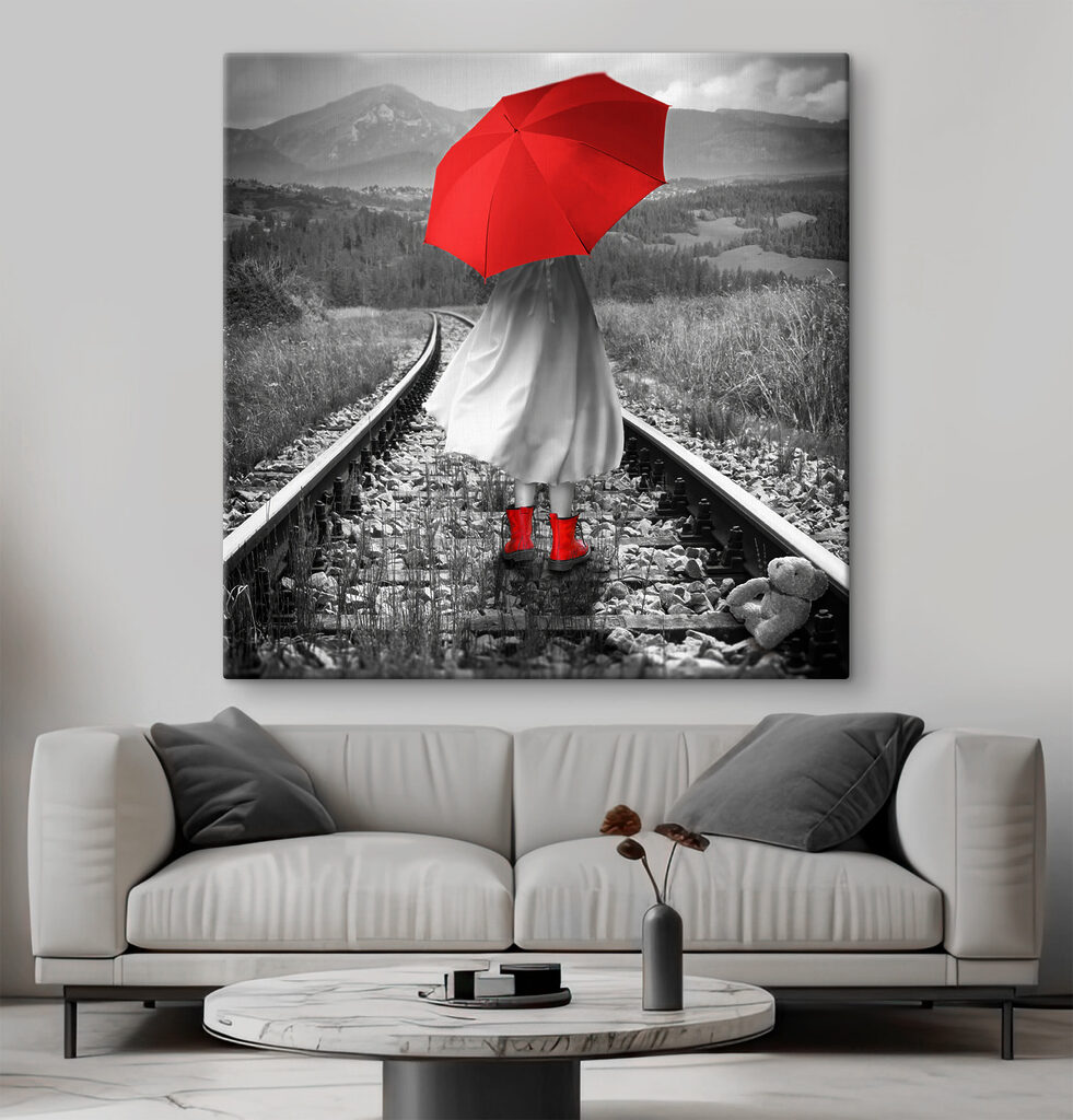 Parapluie rouge sur rails — intérieur 3
