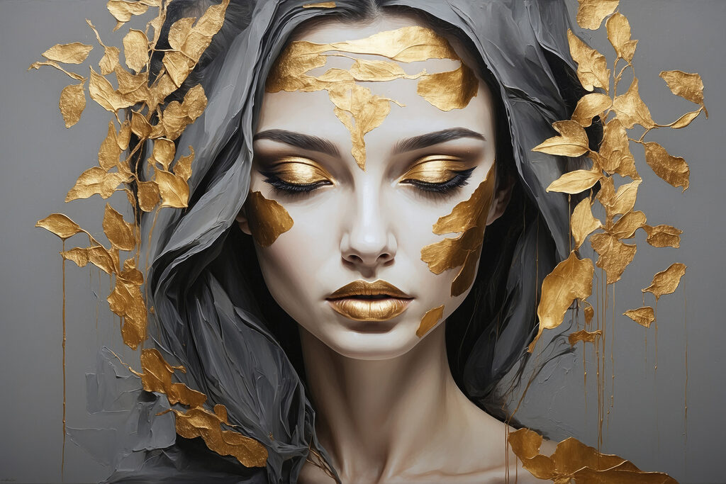 Visage entre feuilles d’or — motif complet