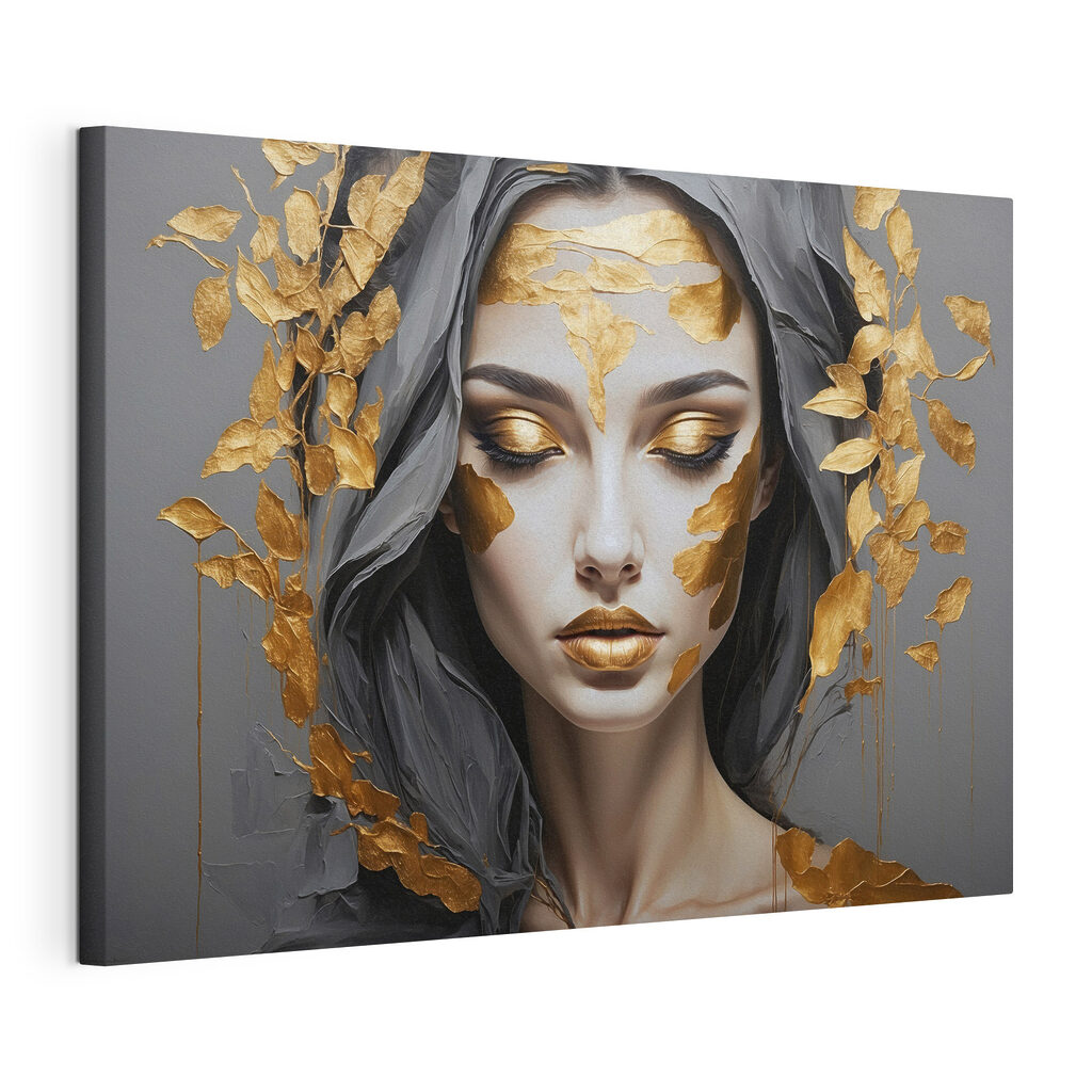 Visage entre feuilles d’or — vue du produit