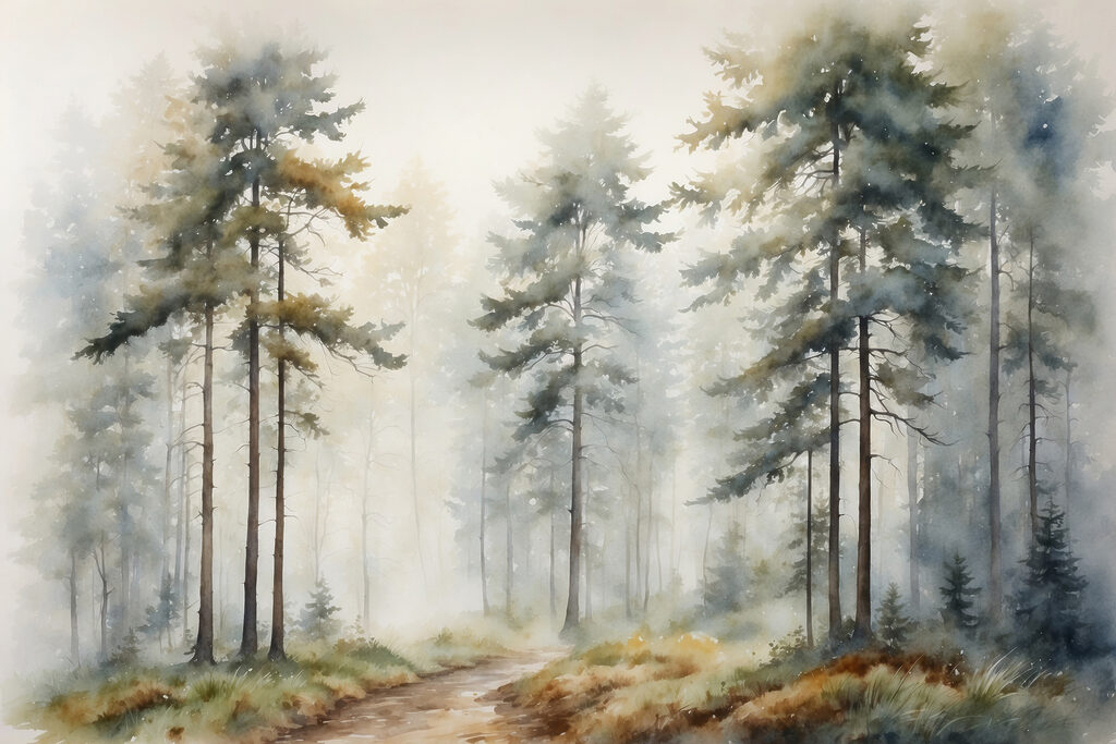 Forêt brumeuse à l’aquarelle — motif complet
