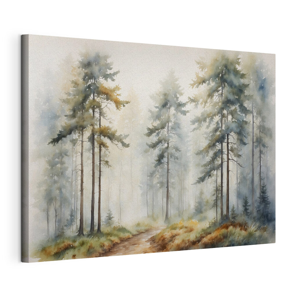 Forêt brumeuse à l’aquarelle, toile tendue et bord enveloppé