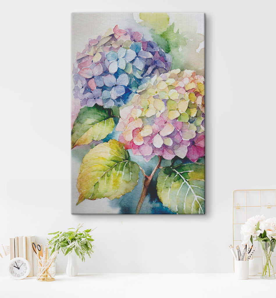 Hortensias en aquarelle légère — intérieur 1