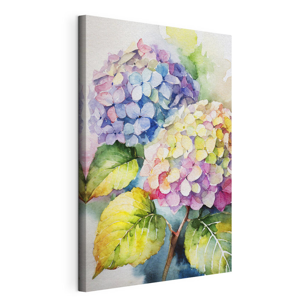Hortensias en aquarelle légère, toile tendue et bord enveloppé