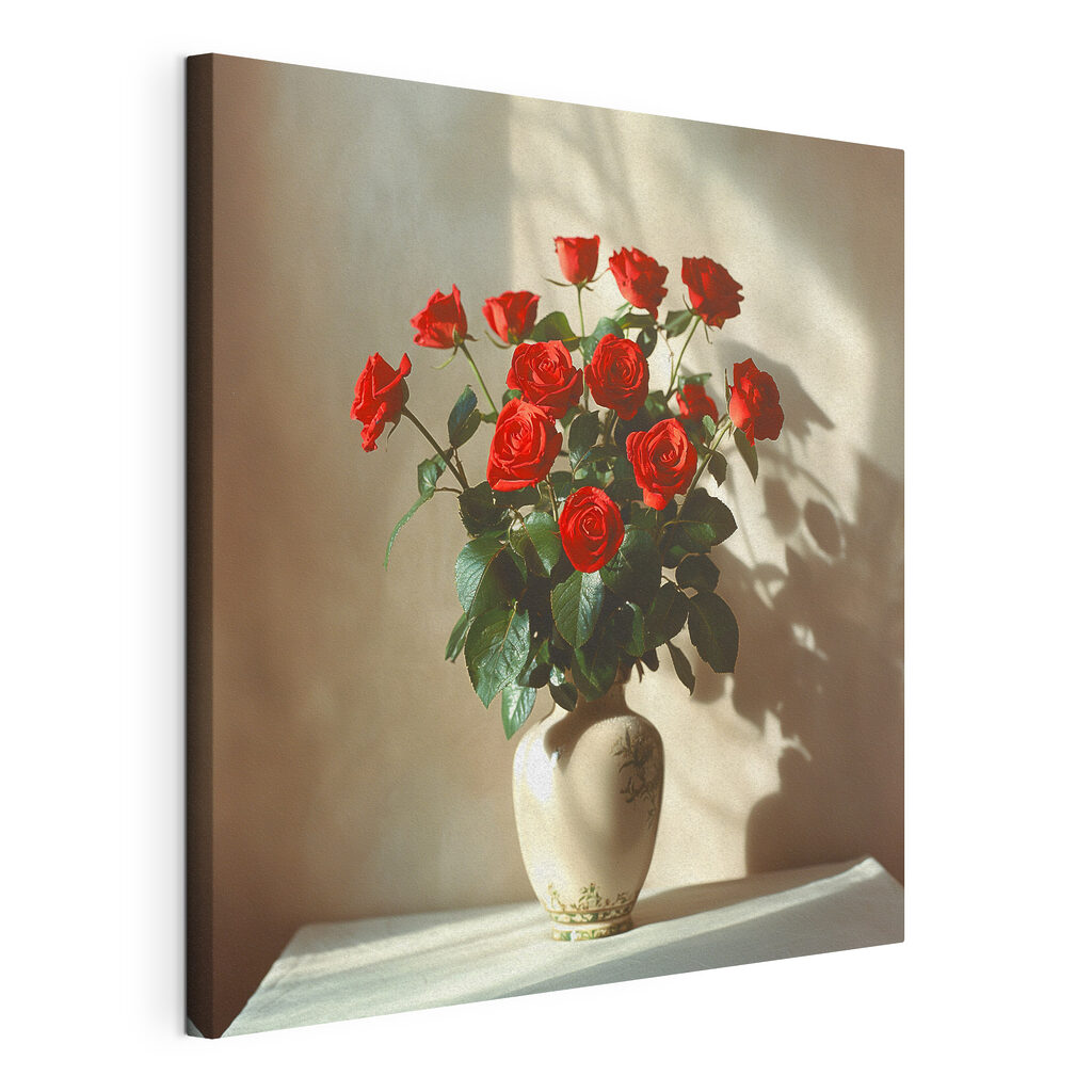 Vase de roses rouges, toile tendue et bord enveloppé