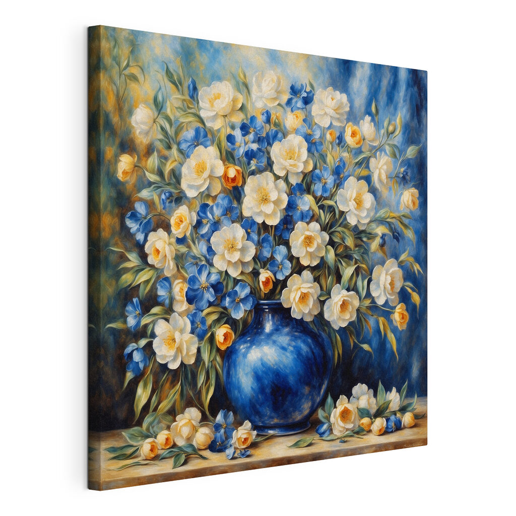 Bouquet au vase bleu, toile tendue et bord enveloppé