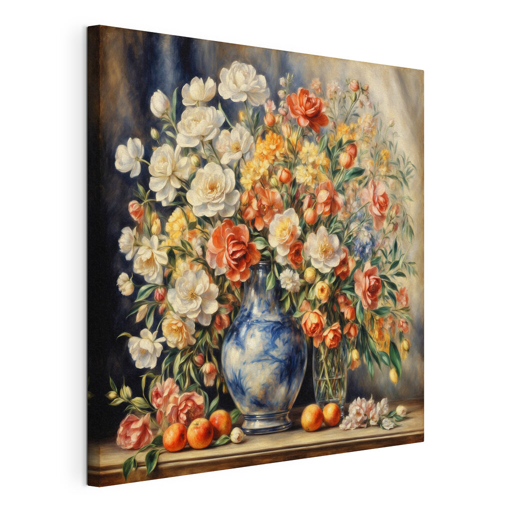 Bouquet et petits fruits, toile tendue et bord enveloppé