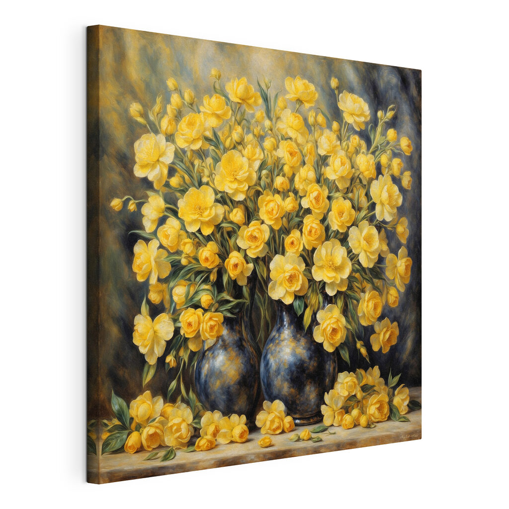 Bouquet de fleurs jaunes, toile tendue et bord enveloppé