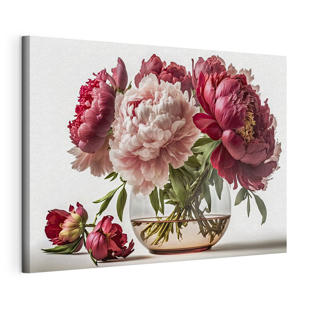 Vase de verre fleuri, toile tendue et bord enveloppé