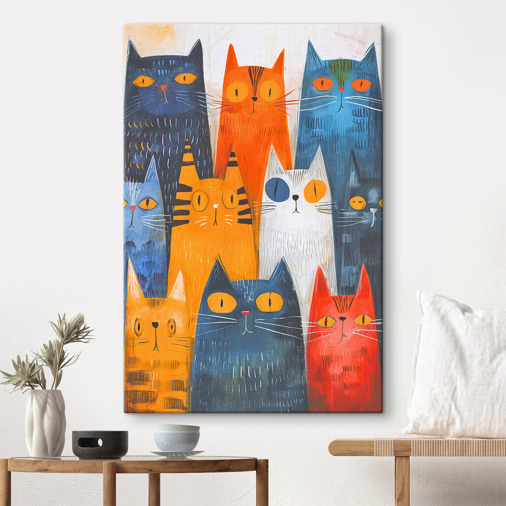Chats en rangs colorés dans un intérieur