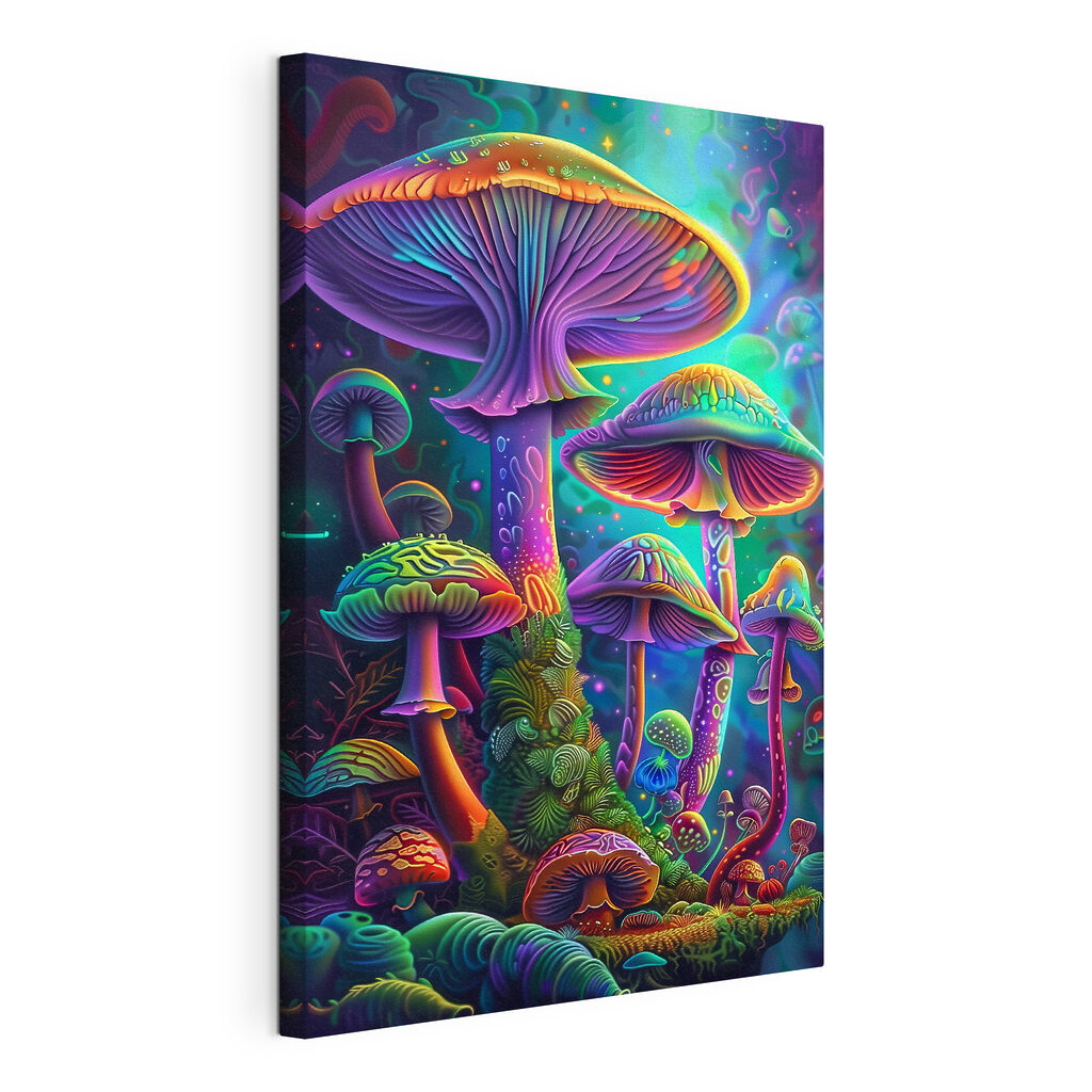 Champignons colorés, toile tendue et bord enveloppé