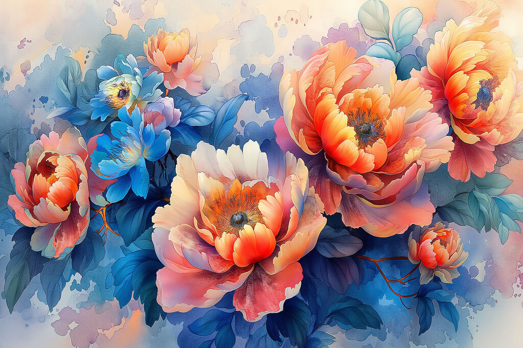 Fleurs sur fond bleu — motif complet