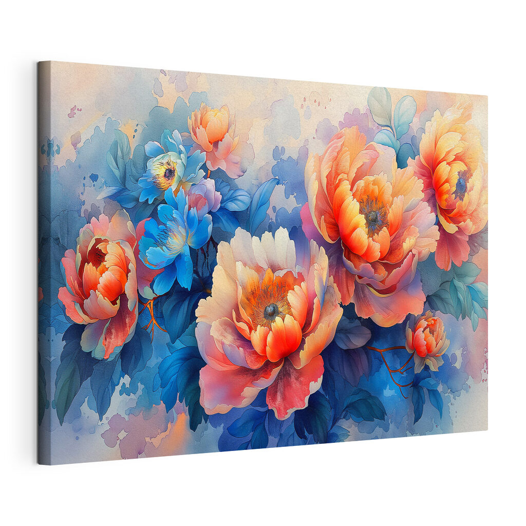 Fleurs sur fond bleu, toile tendue et bord enveloppé