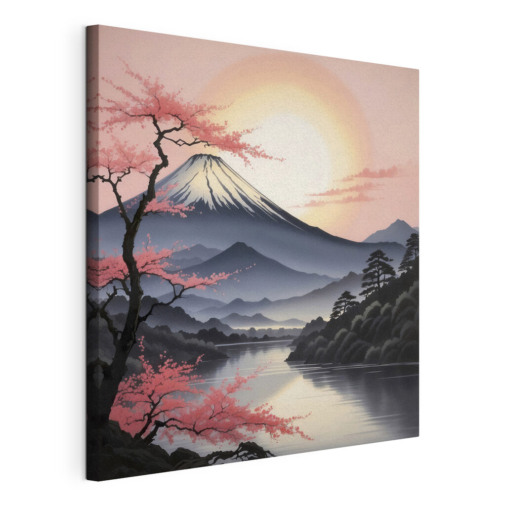 Montagne au ciel rose, toile tendue et bord enveloppé