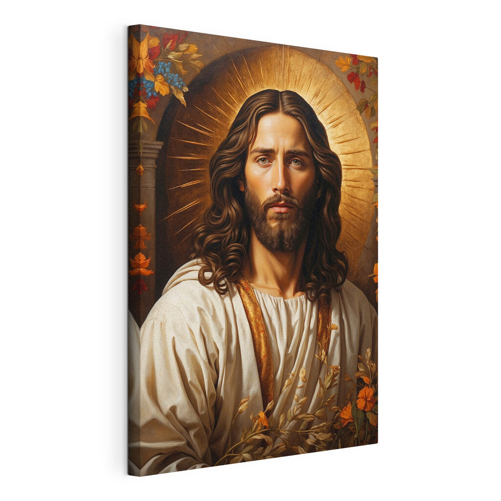 Jésus à l’auréole dorée, toile tendue et bord enveloppé