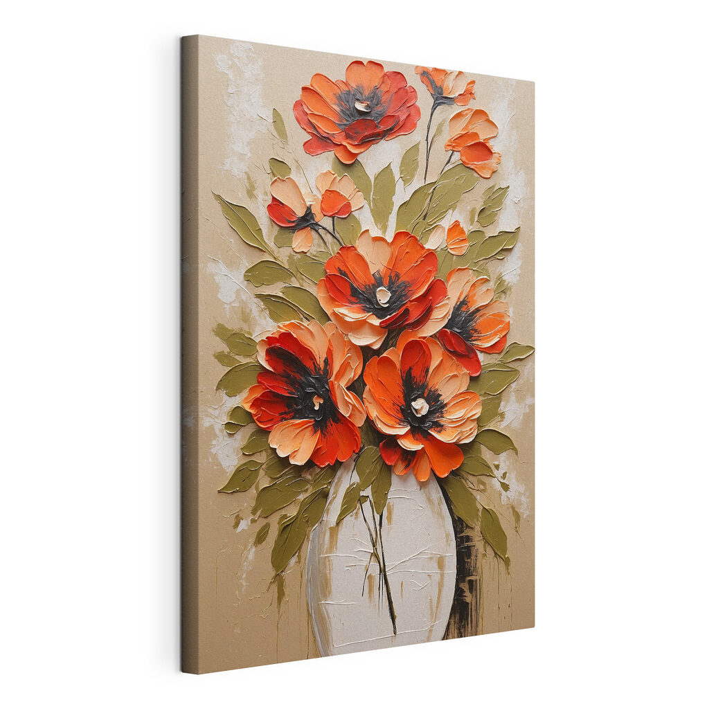 Bouquet rouge orangé, toile tendue et bord enveloppé