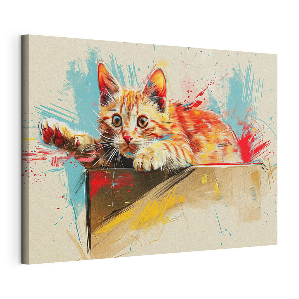 Chaton dans son carton, toile tendue et bord enveloppé