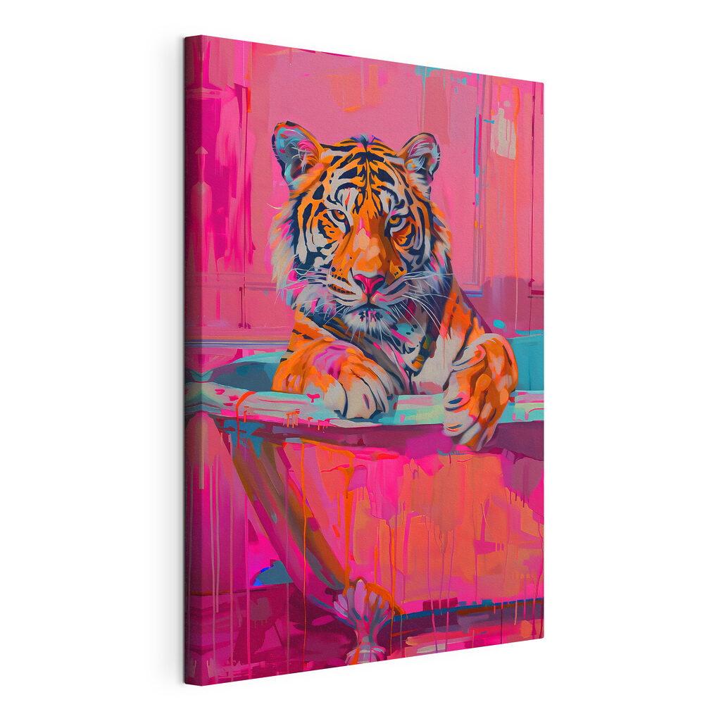 Tigre au bain, toile tendue et bord enveloppé