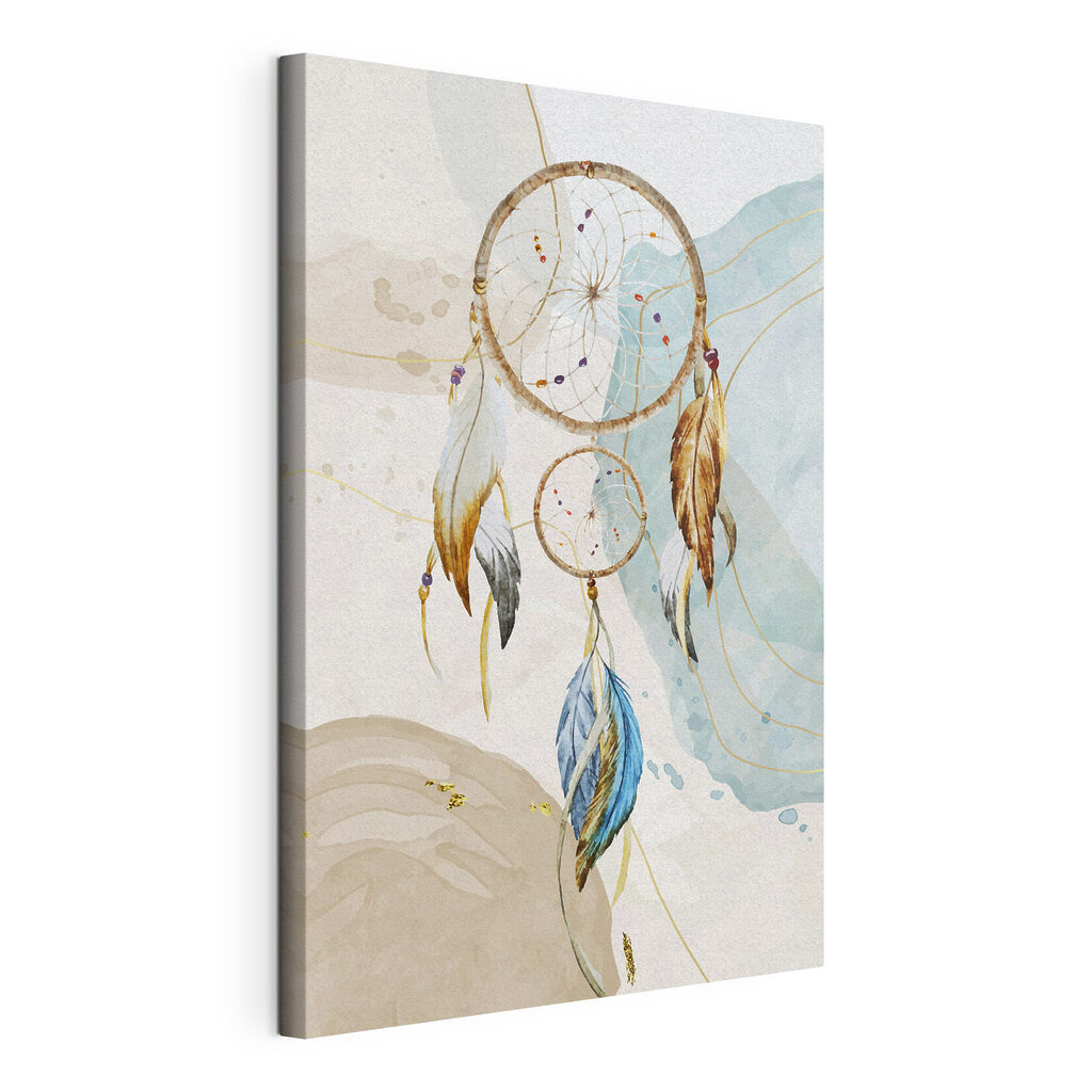 Attrape-rêves aux plumes bleues, toile tendue et bord enveloppé