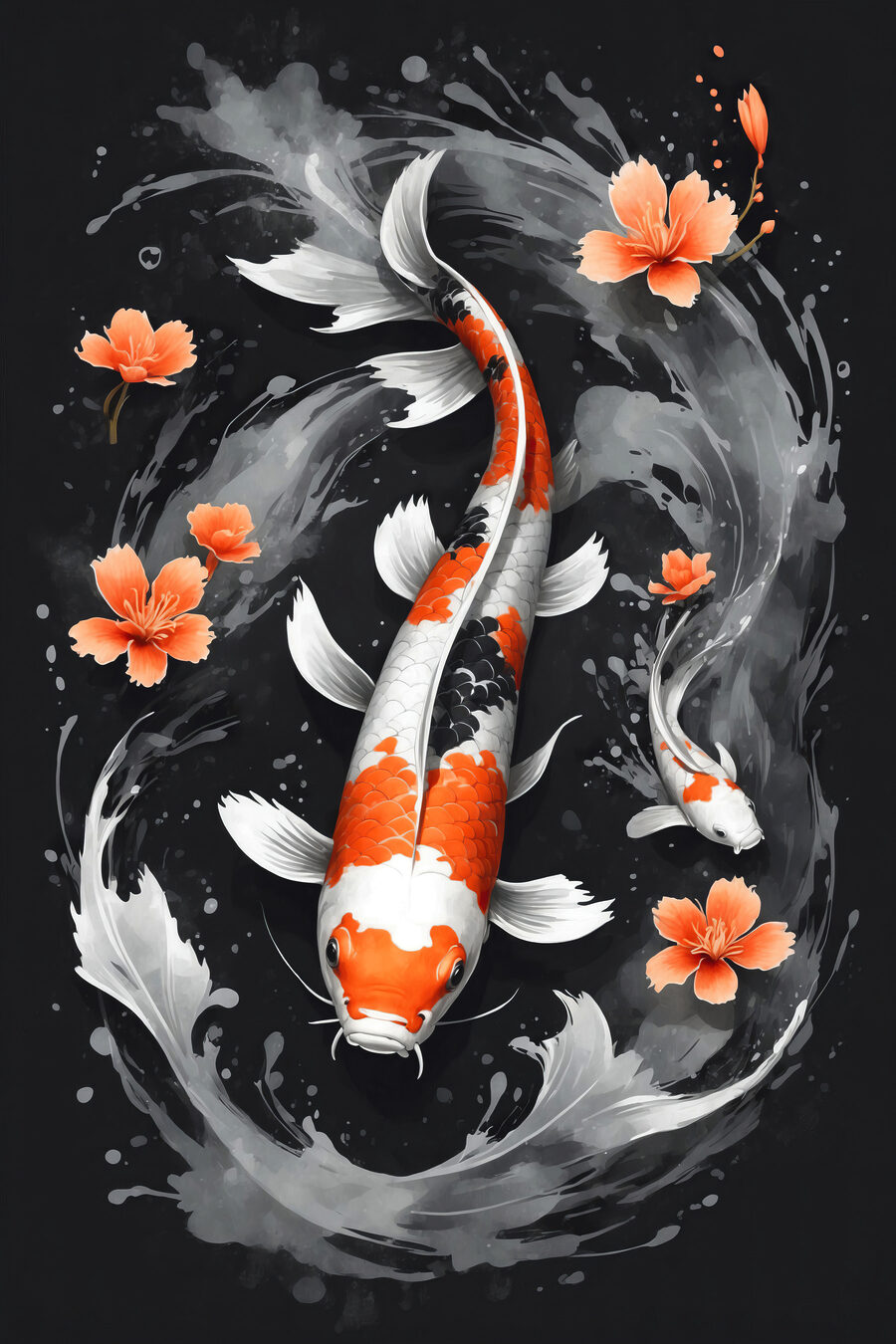 Koï parmi les fleurs — motif complet