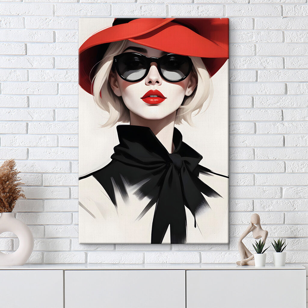 Chapeau rouge, nœud noir dans un intérieur