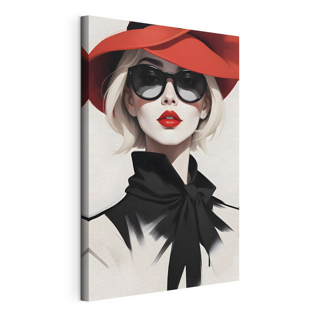 Chapeau rouge, nœud noir, toile tendue et bord enveloppé