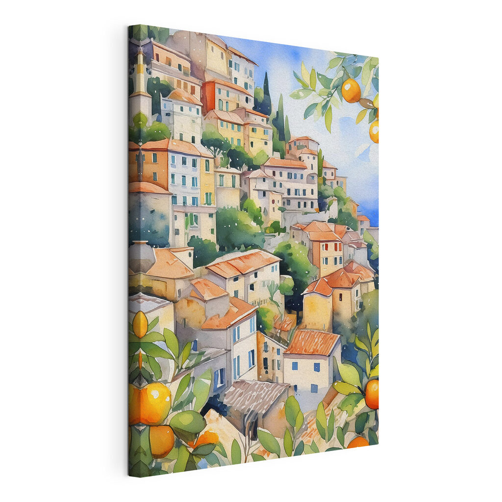 Colline aux maisons serrées, toile tendue et bord enveloppé
