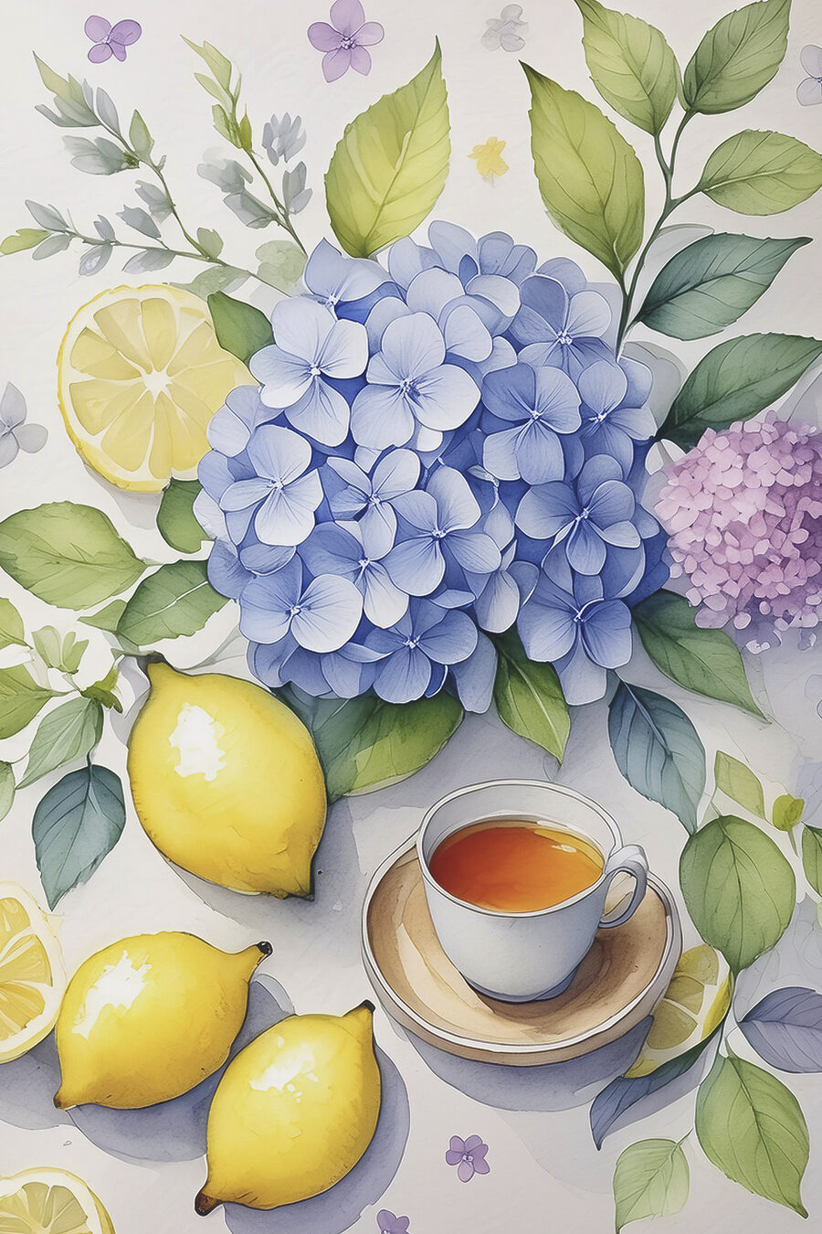 Hortensias et citrons — motif complet