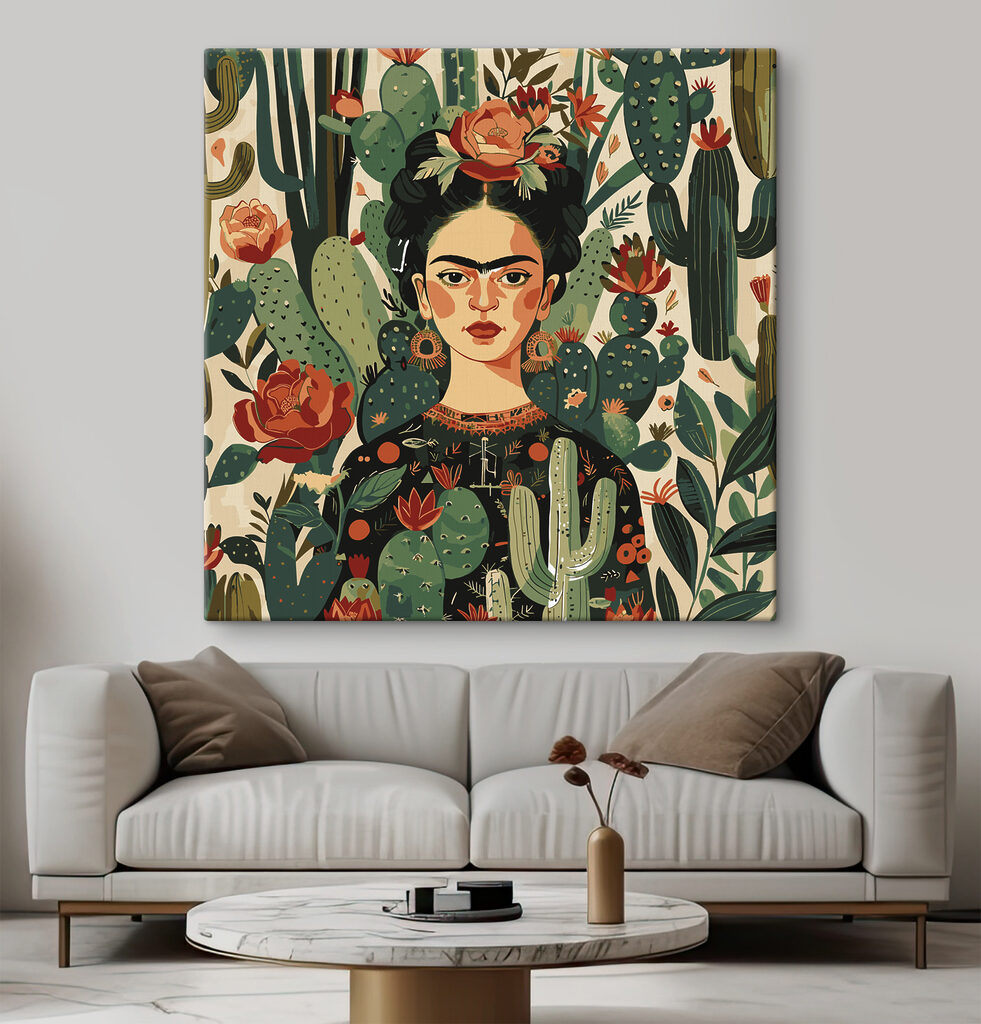 Frida parmi les cactus dans un intérieur