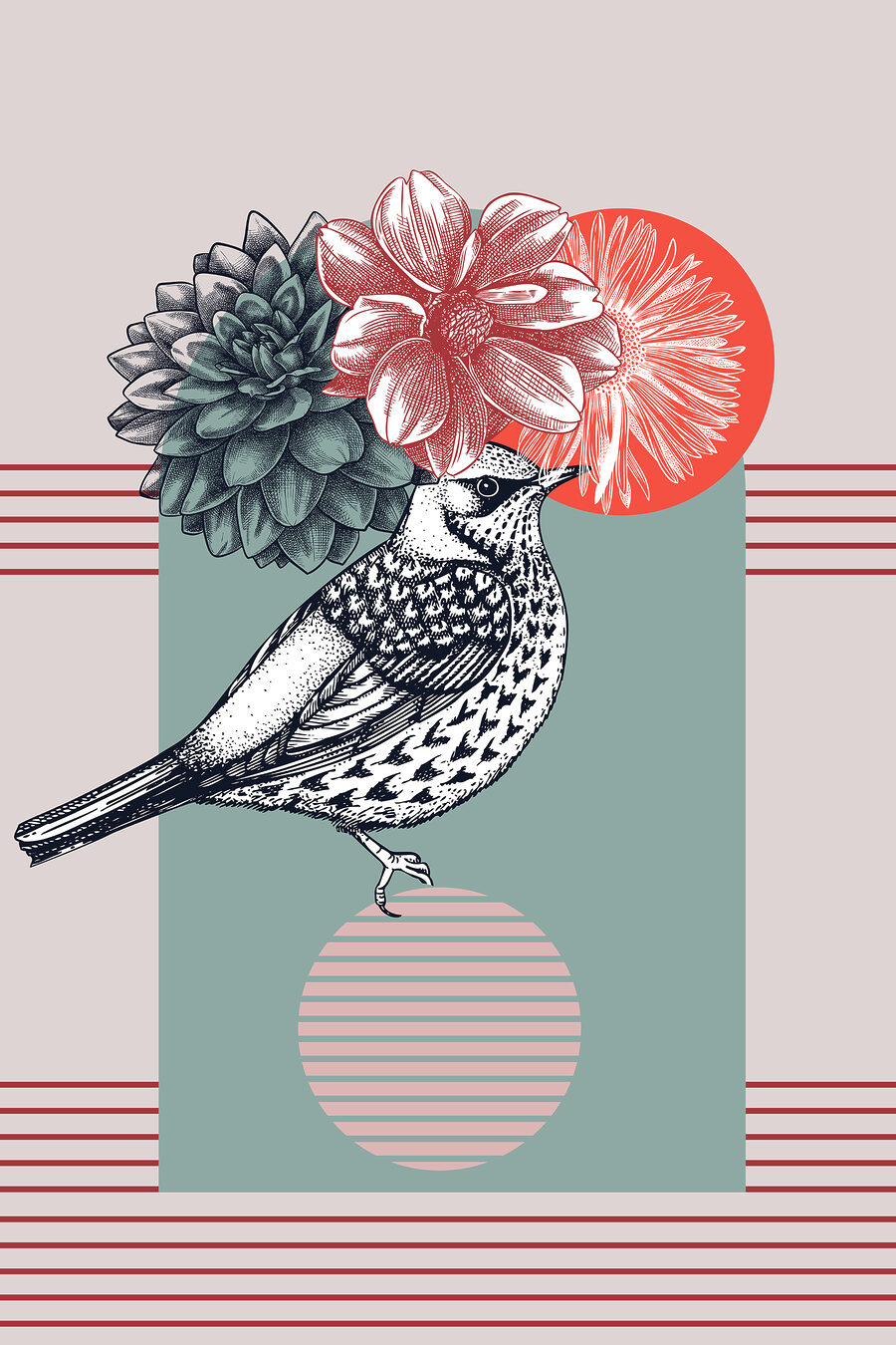 Oiseau en collage botanique — motif complet