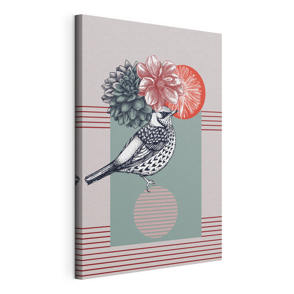 Oiseau en collage botanique, toile tendue et bord enveloppé