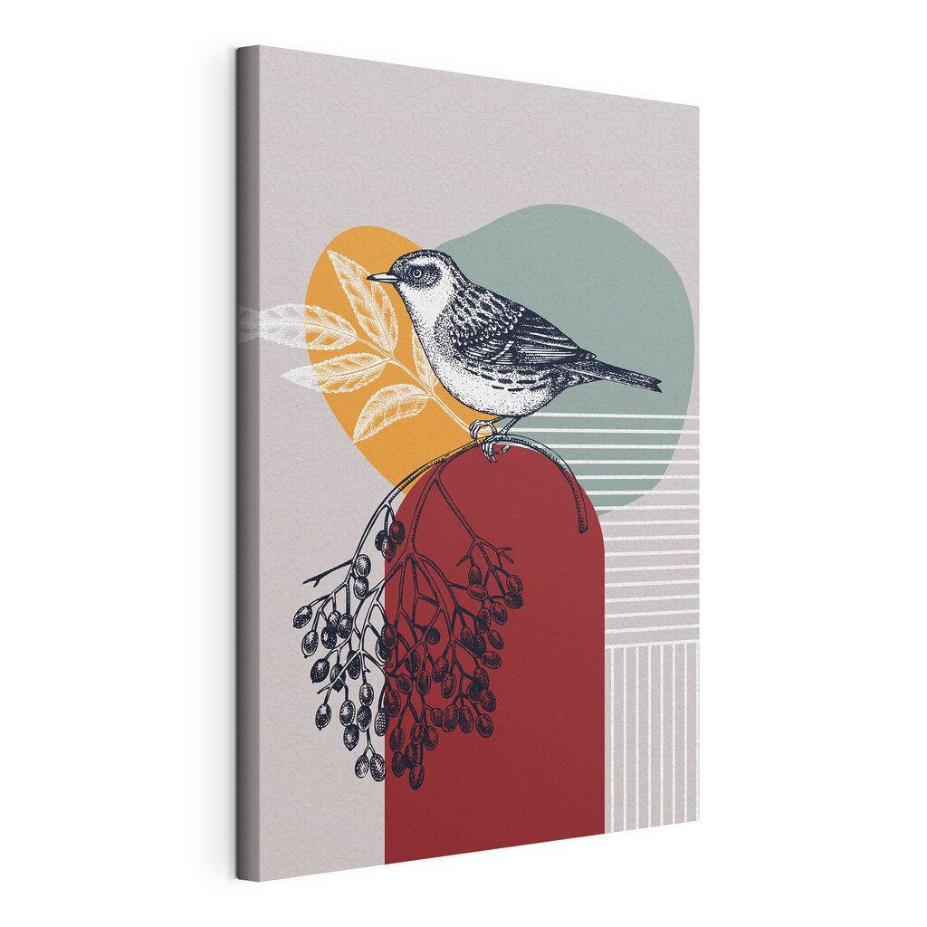 Oiseau sur fond rayé, toile tendue et bord enveloppé