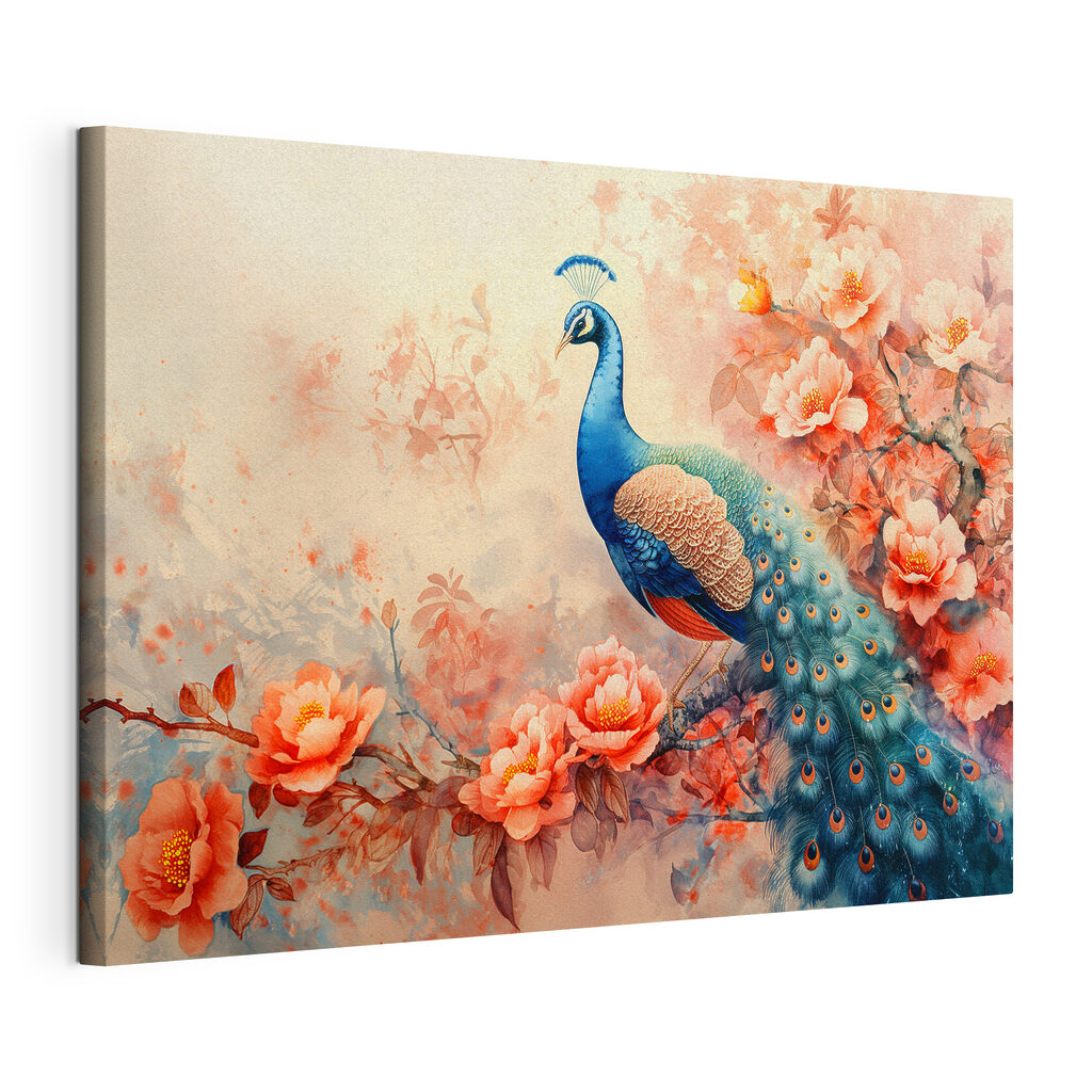 Paon sur branche fleurie, toile tendue et bord enveloppé